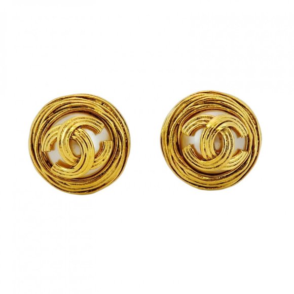 CHANEL Gold Pearl Logo Earrings - Picture 1 of 8